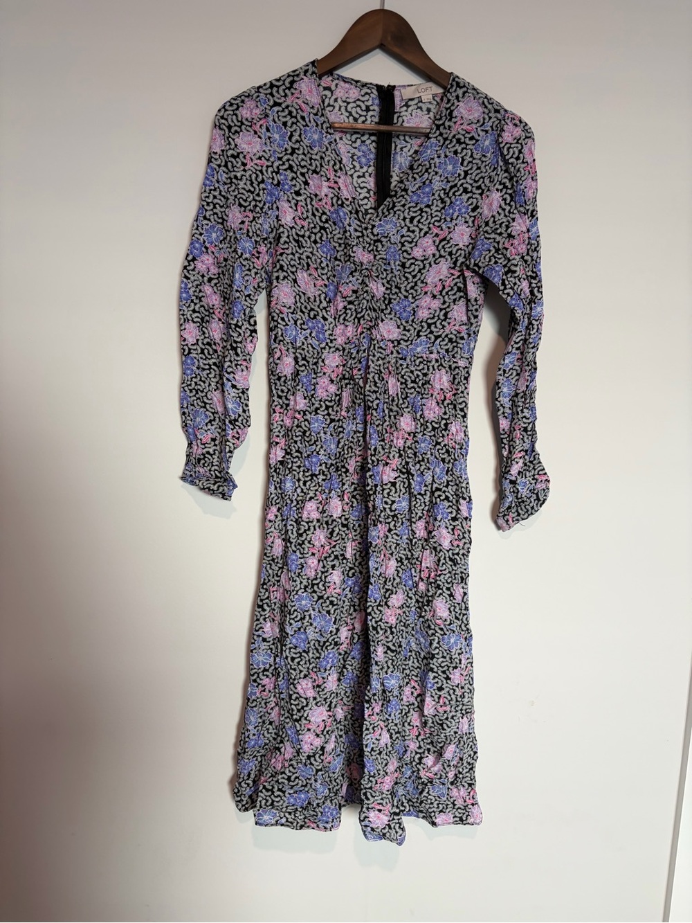 LOFT Floral Midi Dress 2 Black Pink Blue Long Sleeve Boho Cottagecore